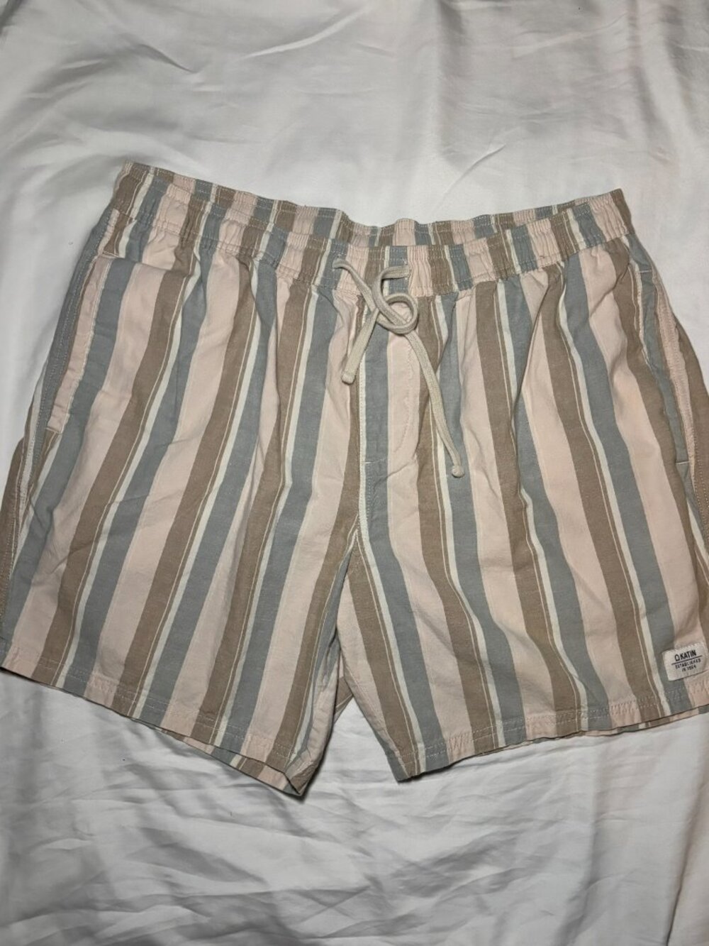 Katin Mens XL Shorts Striped Cream/Brown Elastic Drawstring Surf Beach Summer